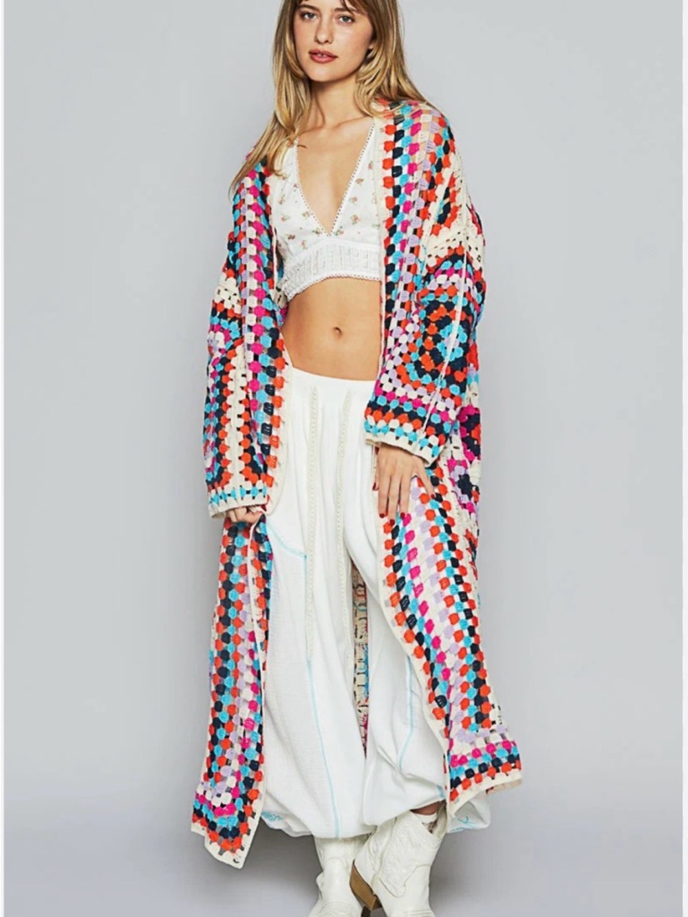 POL Handmade Crochet Granny Square Duster - Multicolor